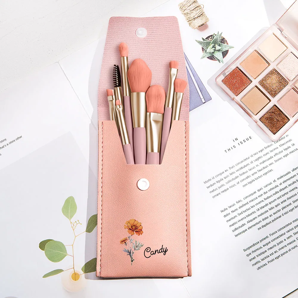 Personalized Birth Flower Leather Makeup Brush Bag with 8 Pcs Makeup Brushes Birthday Wedding Gift