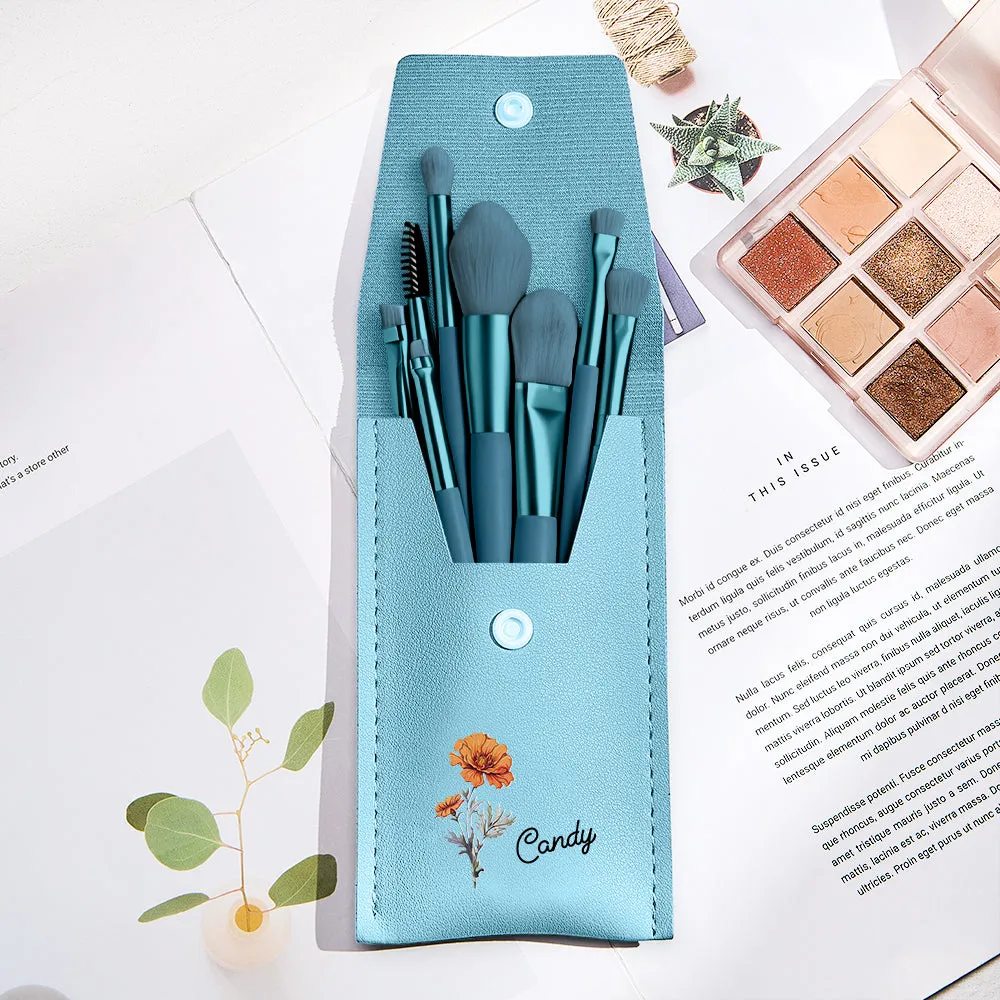 Personalized Birth Flower Leather Makeup Brush Bag with 8 Pcs Makeup Brushes Birthday Wedding Gift