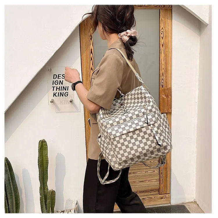 Retro Faux Leather Check Pattern Print Rucksack Vegan Backpack Tote