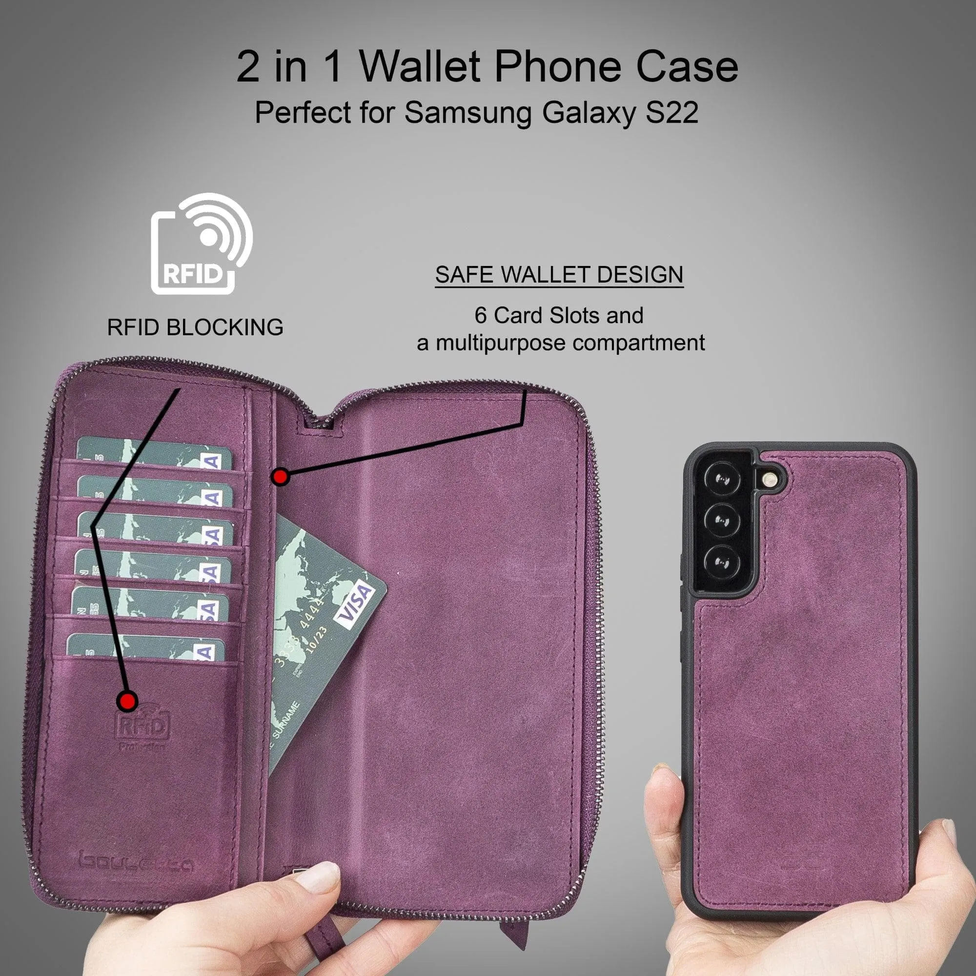 Samsung Galaxy S22 Series Zippered Leather Detachable Wallet Case