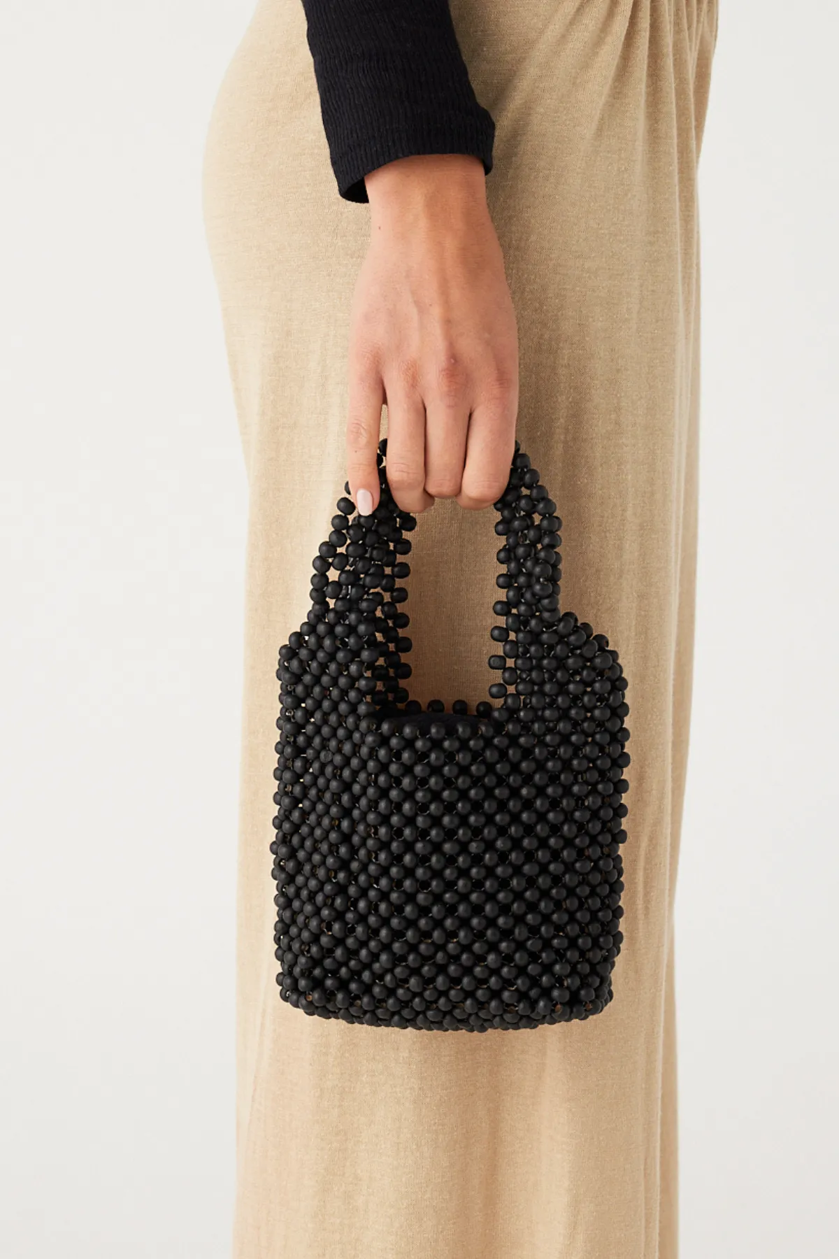 Small Beaded Bucket Bag - Black