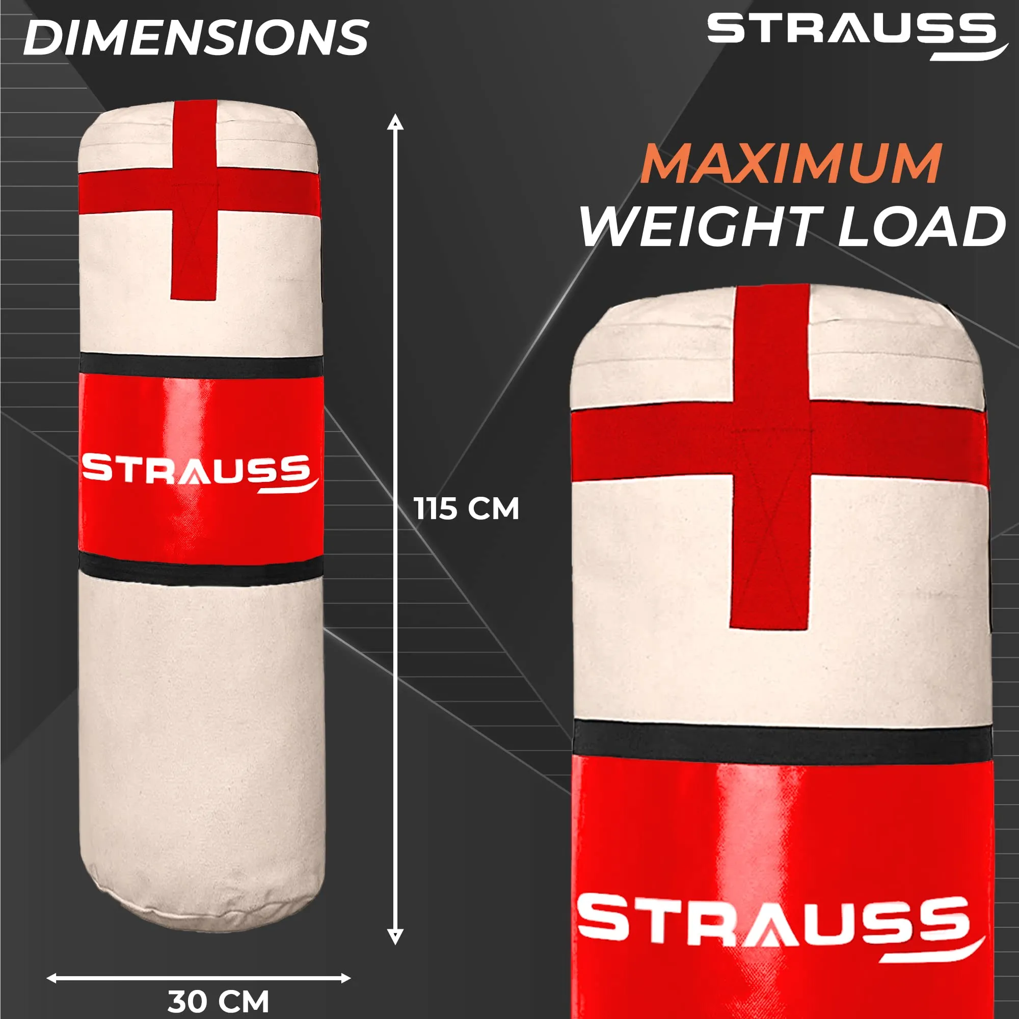 Strauss Canvas Heavy Duty Filled Gym Punching Bag|Hanging S Hook, Zippered Top Head Closure,Heavy Straps|Ideal for Boxing, MMA,Muay Thai|Boxing Bag for Home Gym & Fitness Training|4 Feet,(Cream/Black)