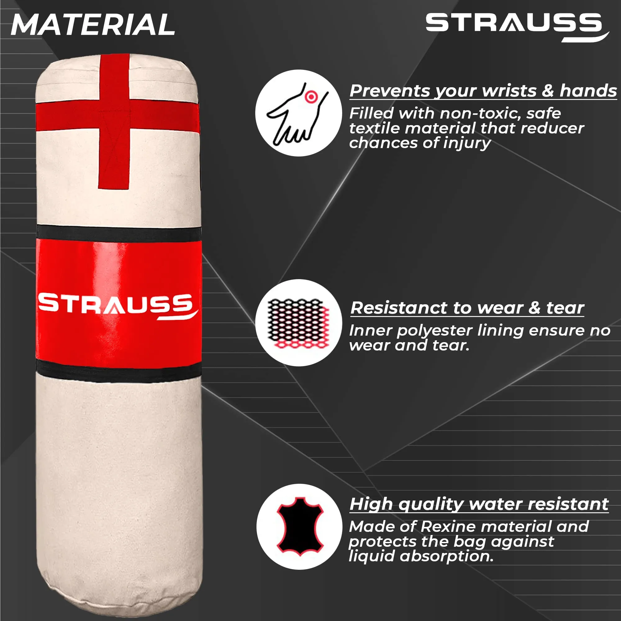 Strauss Canvas Heavy Duty Filled Gym Punching Bag|Hanging S Hook, Zippered Top Head Closure,Heavy Straps|Ideal for Boxing, MMA,Muay Thai|Boxing Bag for Home Gym & Fitness Training|4 Feet,(Cream/Black)