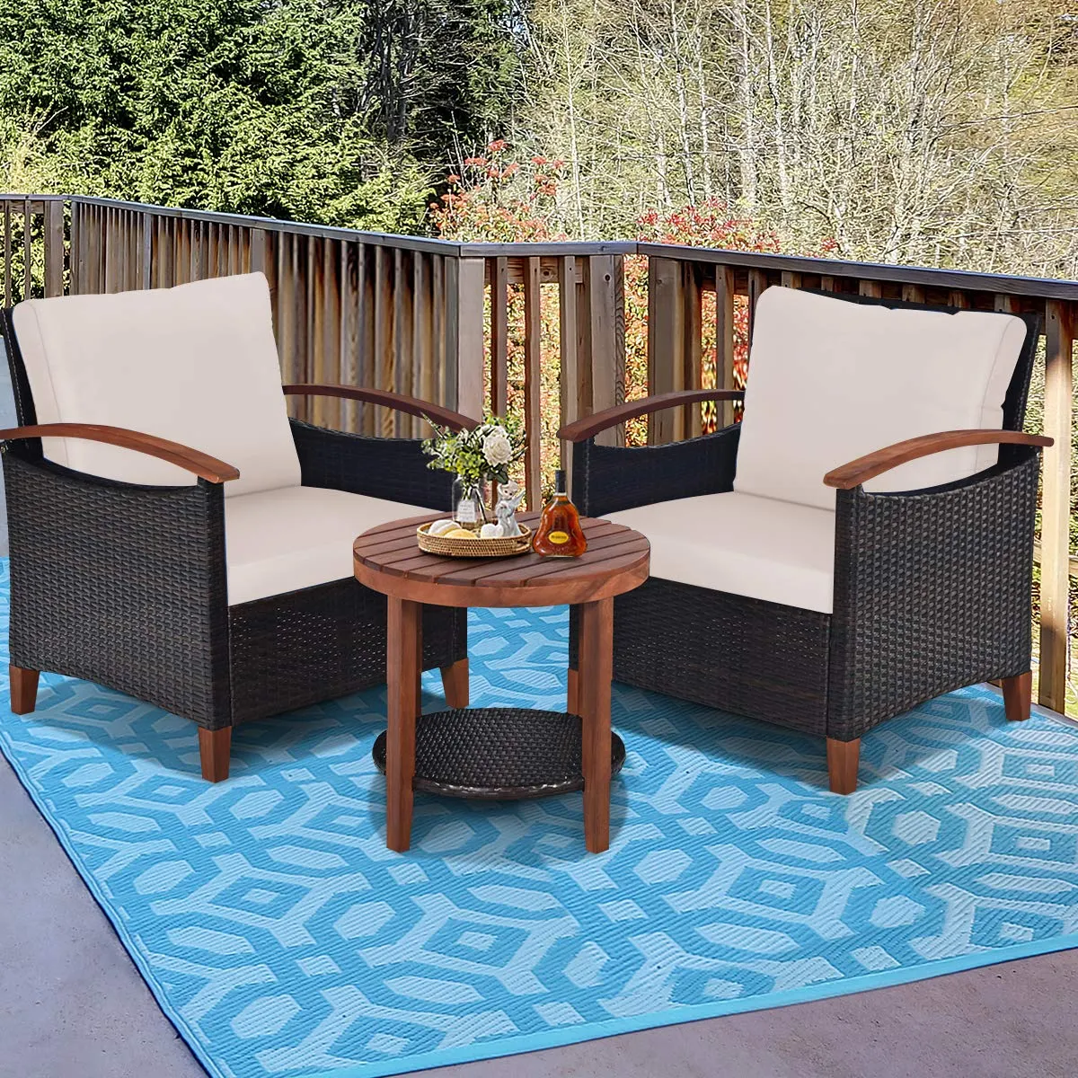 Tangkula 3 Pieces Patio Rattan Furniture Set, Outdoor Wicker Sofa Set w/Washable Cushion and Acacia Wood Tabletop