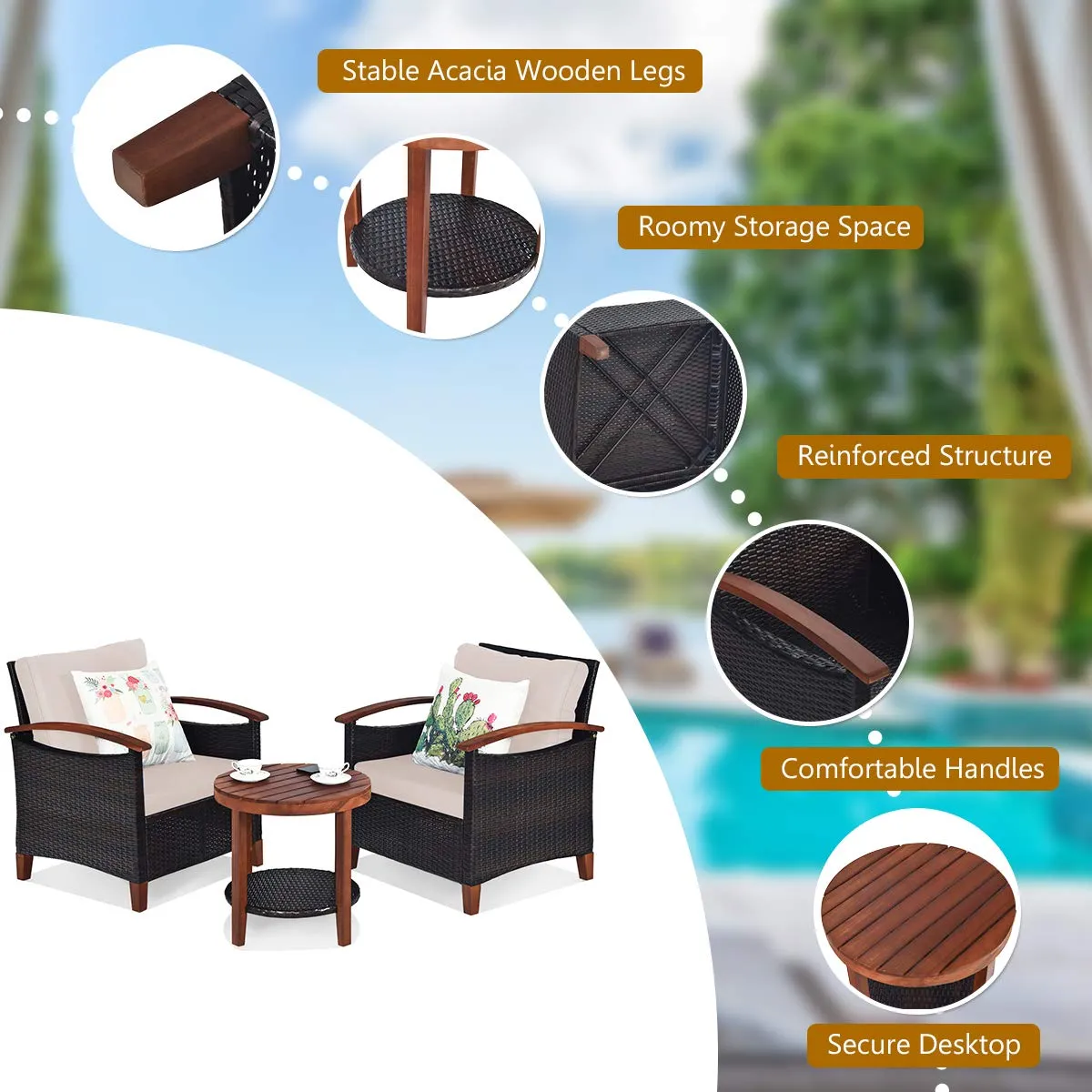 Tangkula 3 Pieces Patio Rattan Furniture Set, Outdoor Wicker Sofa Set w/Washable Cushion and Acacia Wood Tabletop