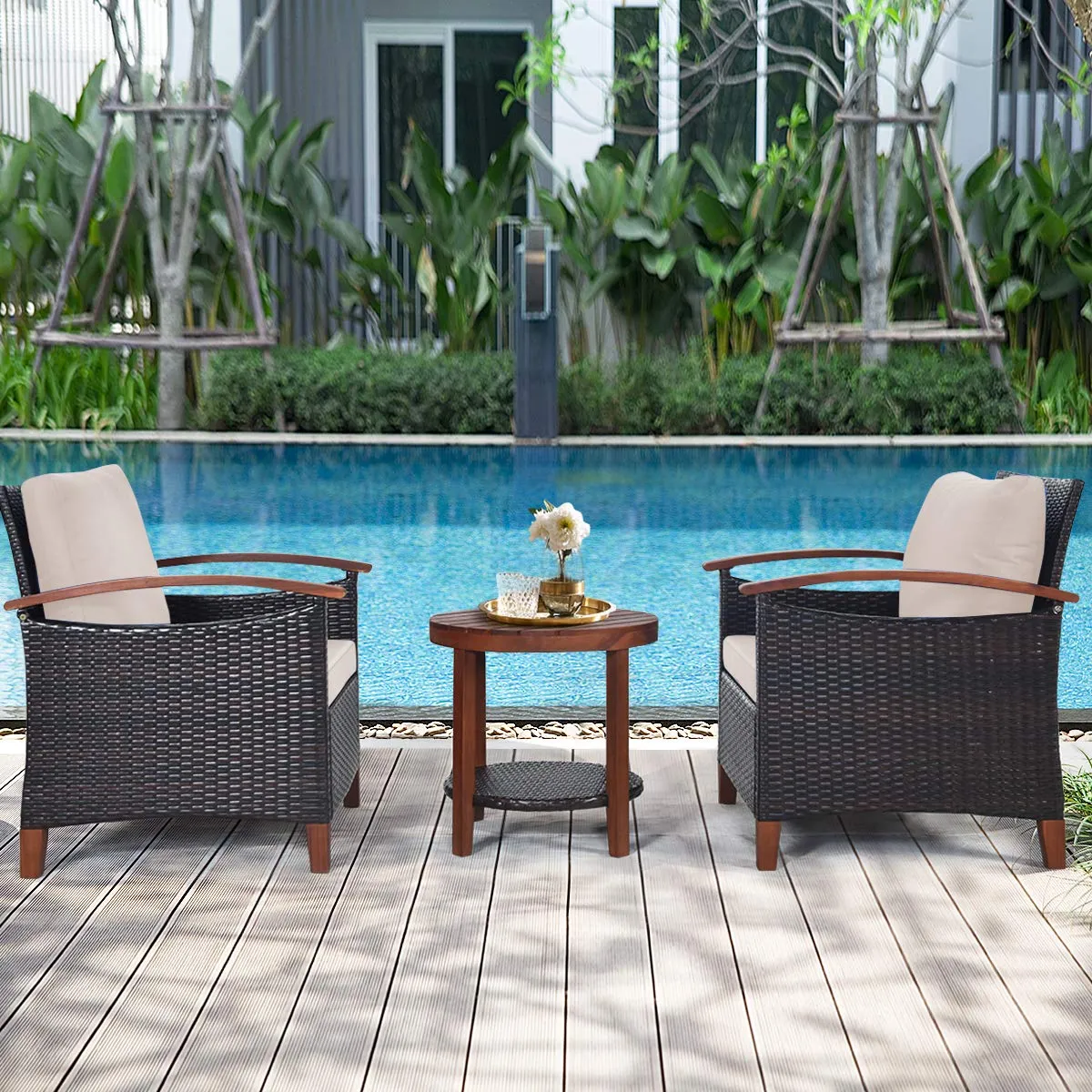 Tangkula 3 Pieces Patio Rattan Furniture Set, Outdoor Wicker Sofa Set w/Washable Cushion and Acacia Wood Tabletop