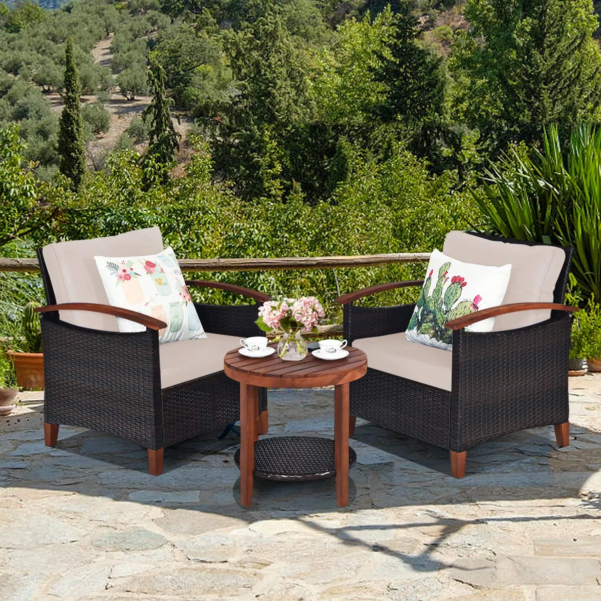 Tangkula 3 Pieces Patio Rattan Furniture Set, Outdoor Wicker Sofa Set w/Washable Cushion and Acacia Wood Tabletop