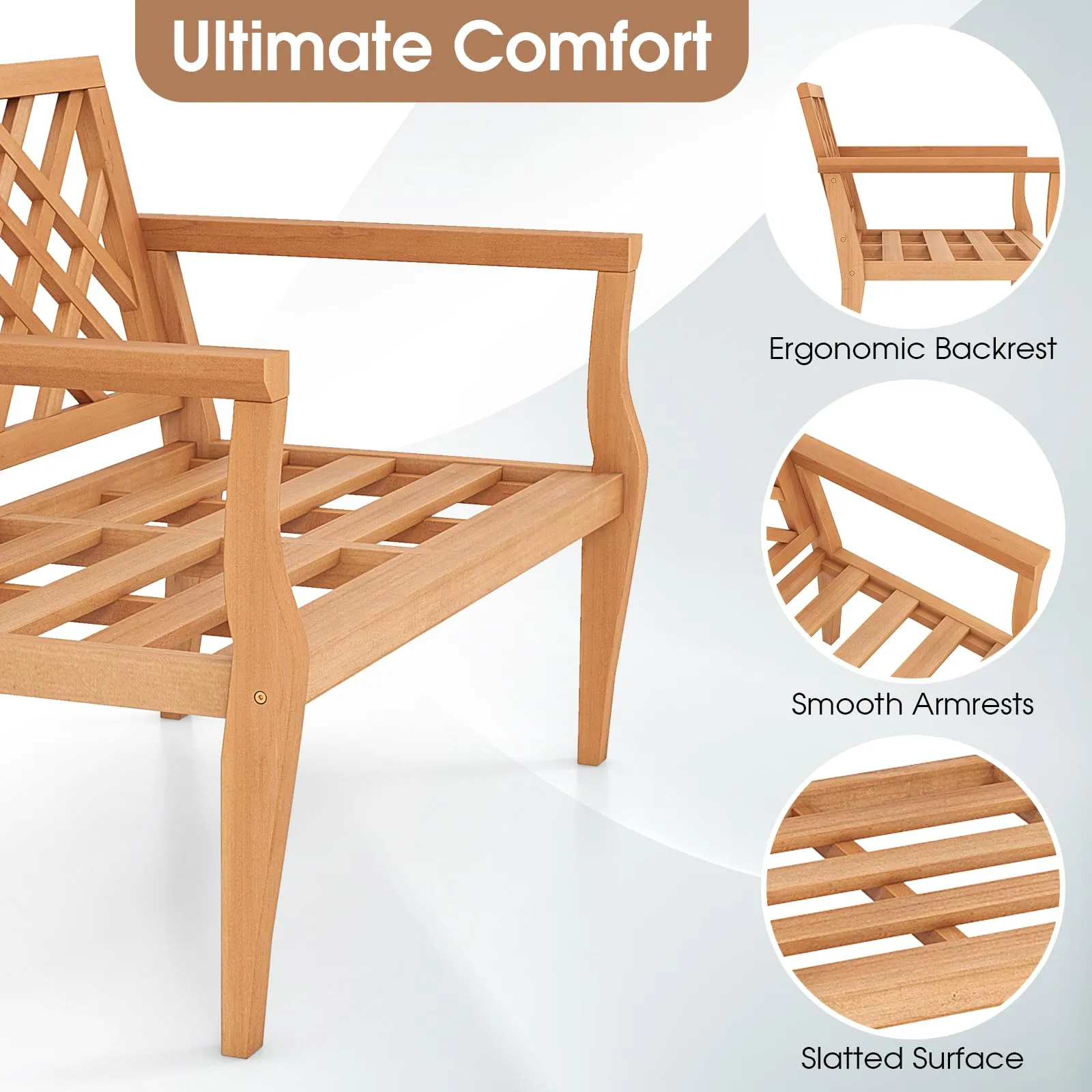 Tangkula Outdoor Garden Bench, 2-Person Teak Wood Bench with Comfy Armrests and Backrest, Slatted Seating Area