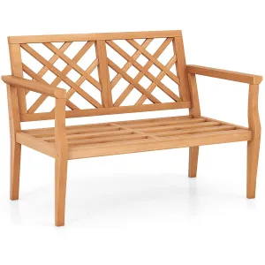 Tangkula Outdoor Garden Bench, 2-Person Teak Wood Bench with Comfy Armrests and Backrest, Slatted Seating Area