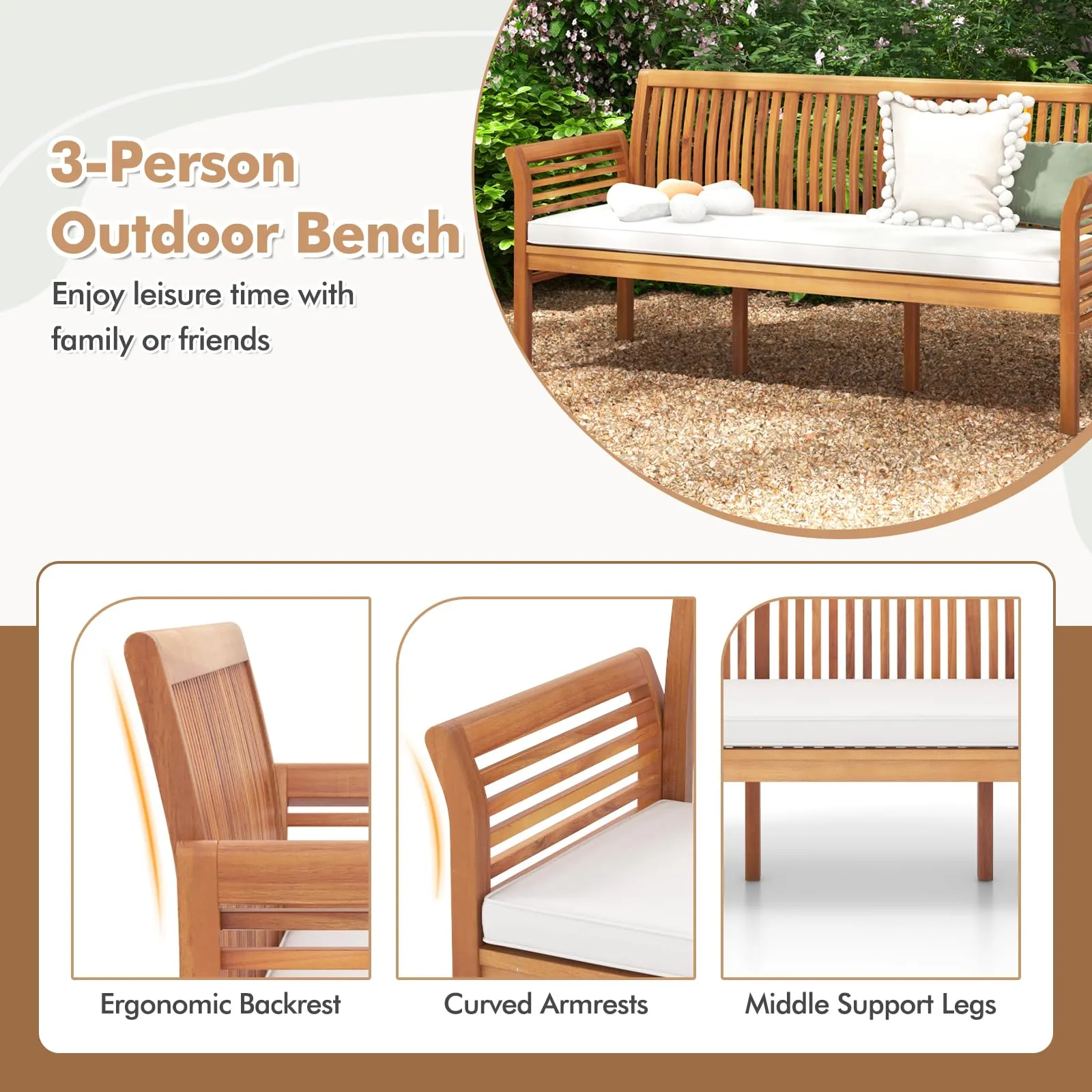 Tangkula Patio 3-Seat Wood Bench, 62.5 Inches Long Acacia Bench with Soft Seat Cushions