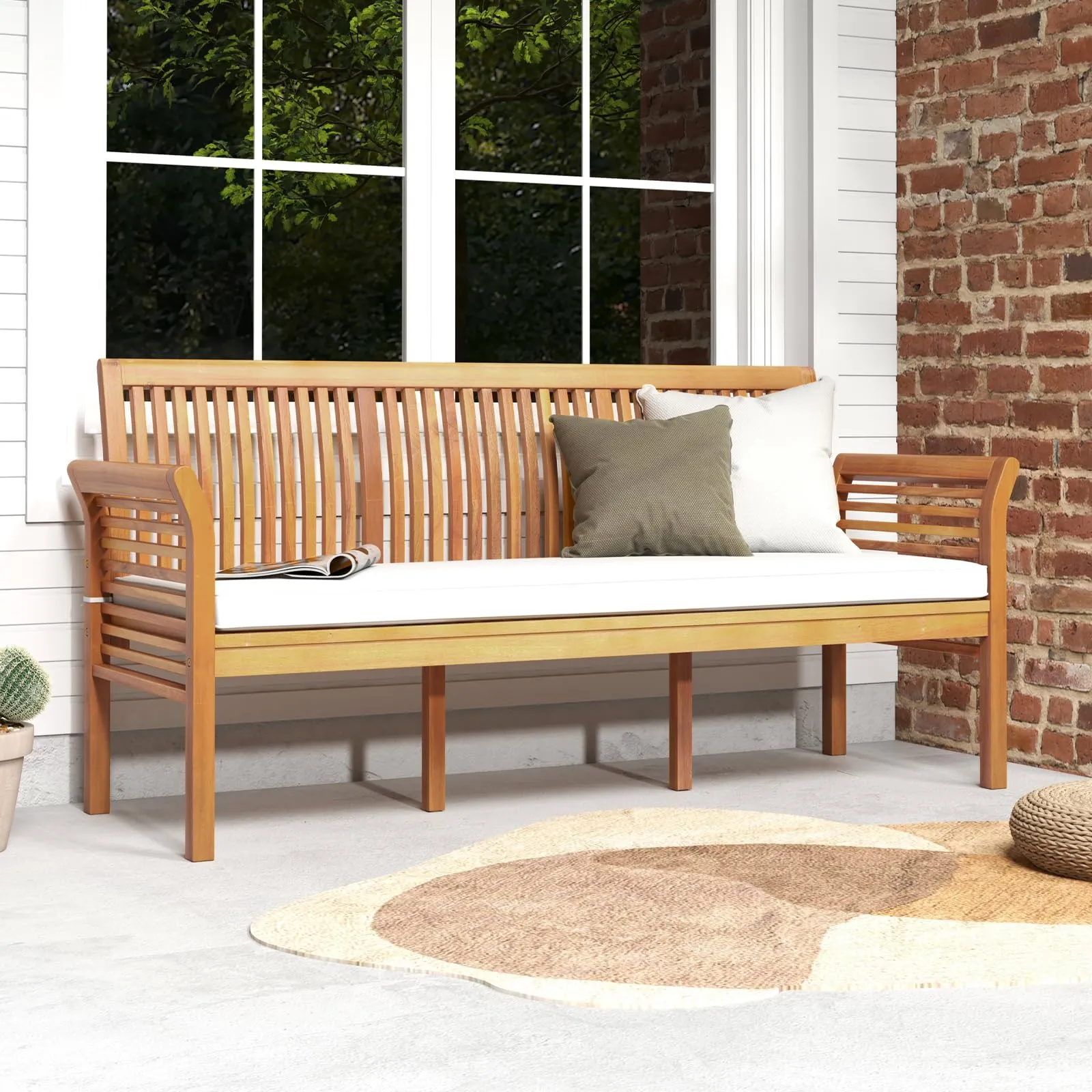 Tangkula Patio 3-Seat Wood Bench, 62.5 Inches Long Acacia Bench with Soft Seat Cushions