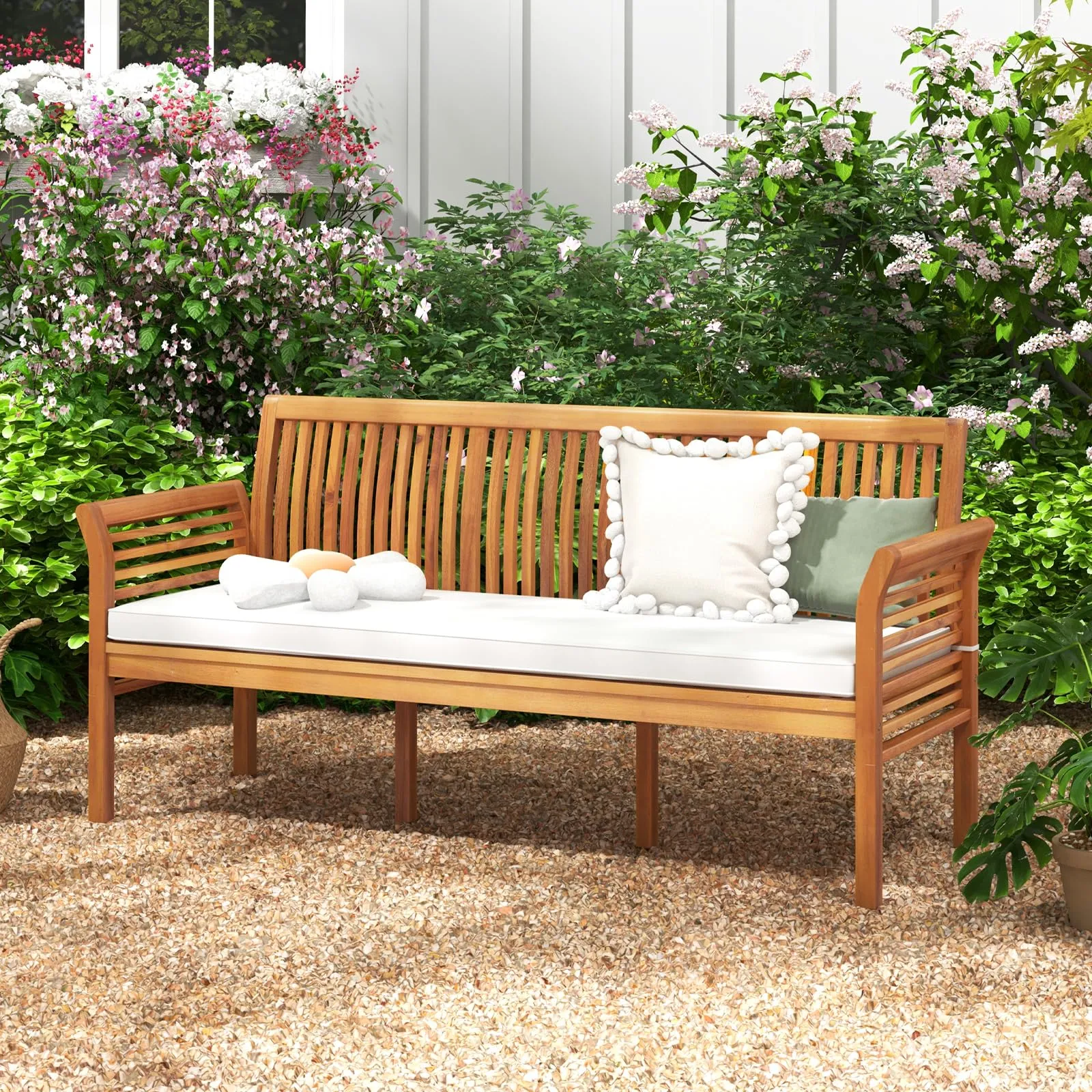 Tangkula Patio 3-Seat Wood Bench, 62.5 Inches Long Acacia Bench with Soft Seat Cushions