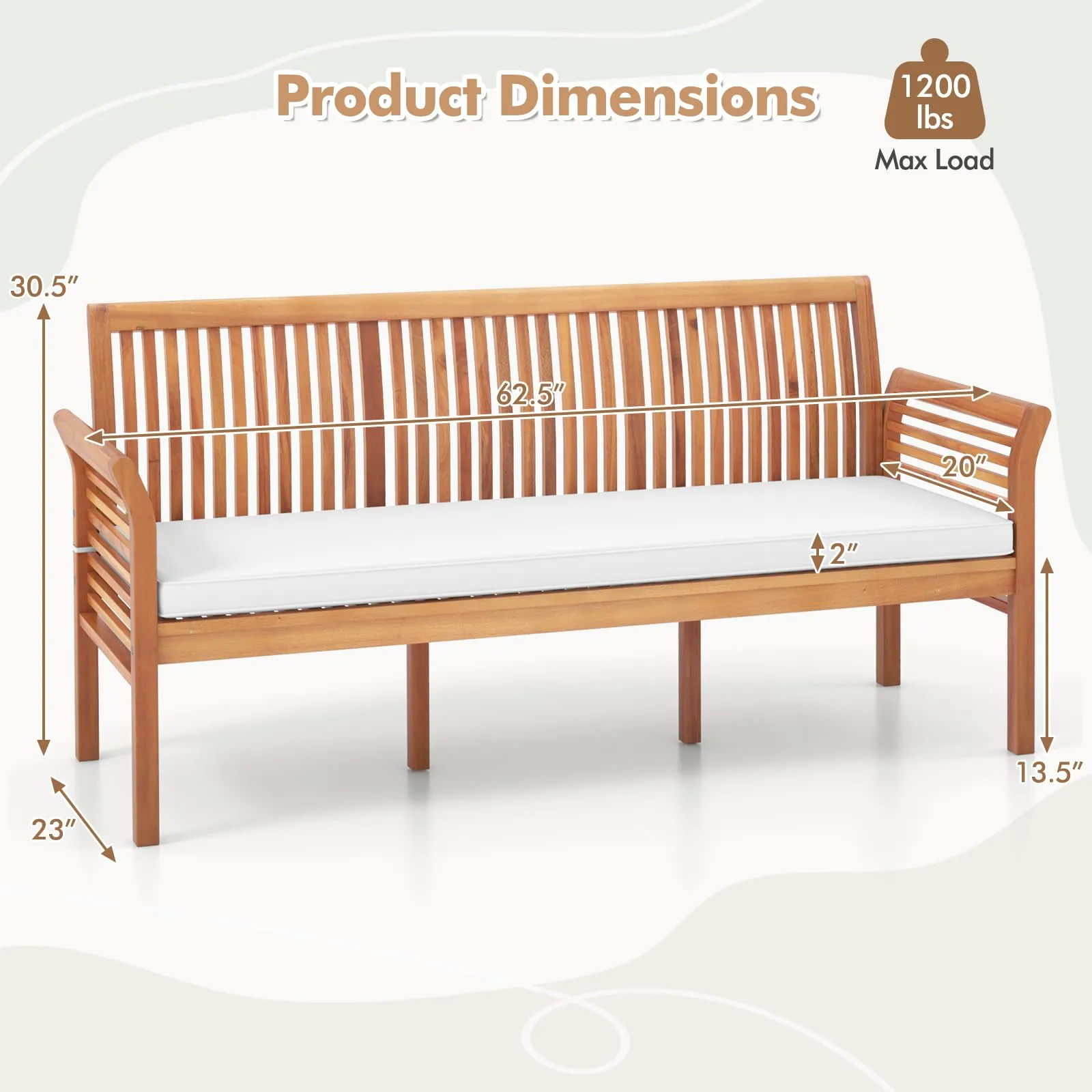 Tangkula Patio 3-Seat Wood Bench, 62.5 Inches Long Acacia Bench with Soft Seat Cushions