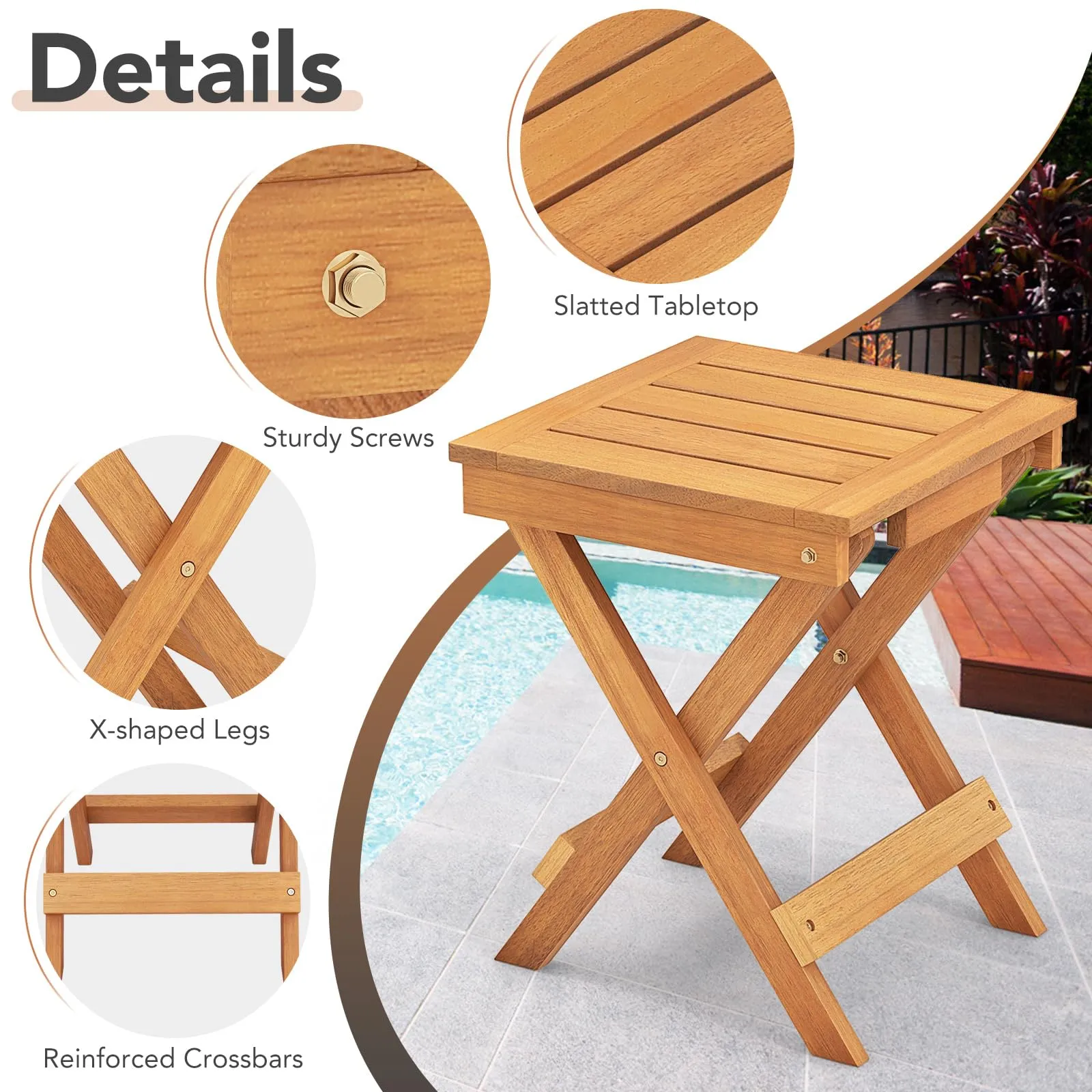 Tangkula Patio Wood Bistro Set, Outdoor 2pcs Rocking Chair & Folding Square Table Set with Slatted Seat & Tabletop