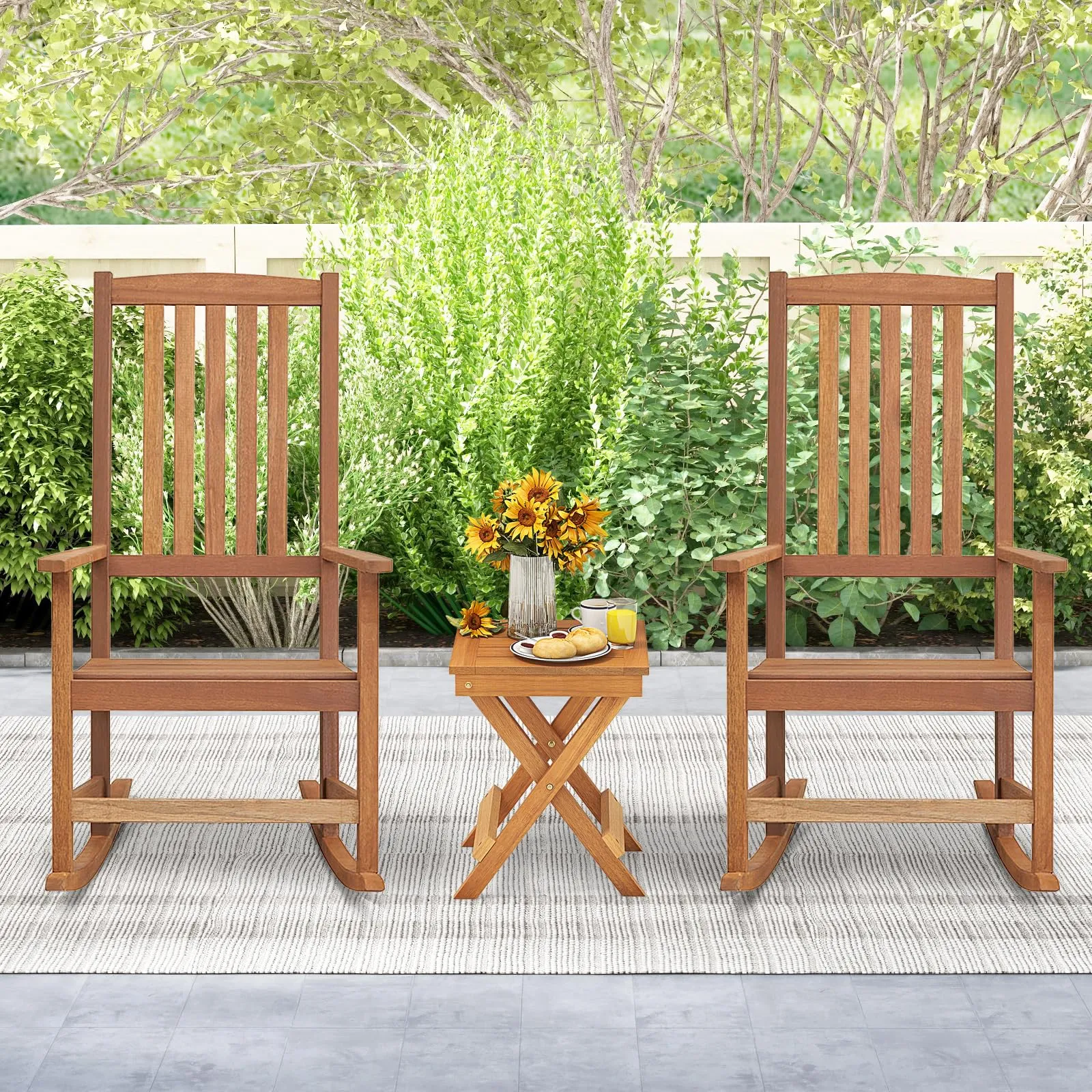 Tangkula Patio Wood Bistro Set, Outdoor 2pcs Rocking Chair & Folding Square Table Set with Slatted Seat & Tabletop