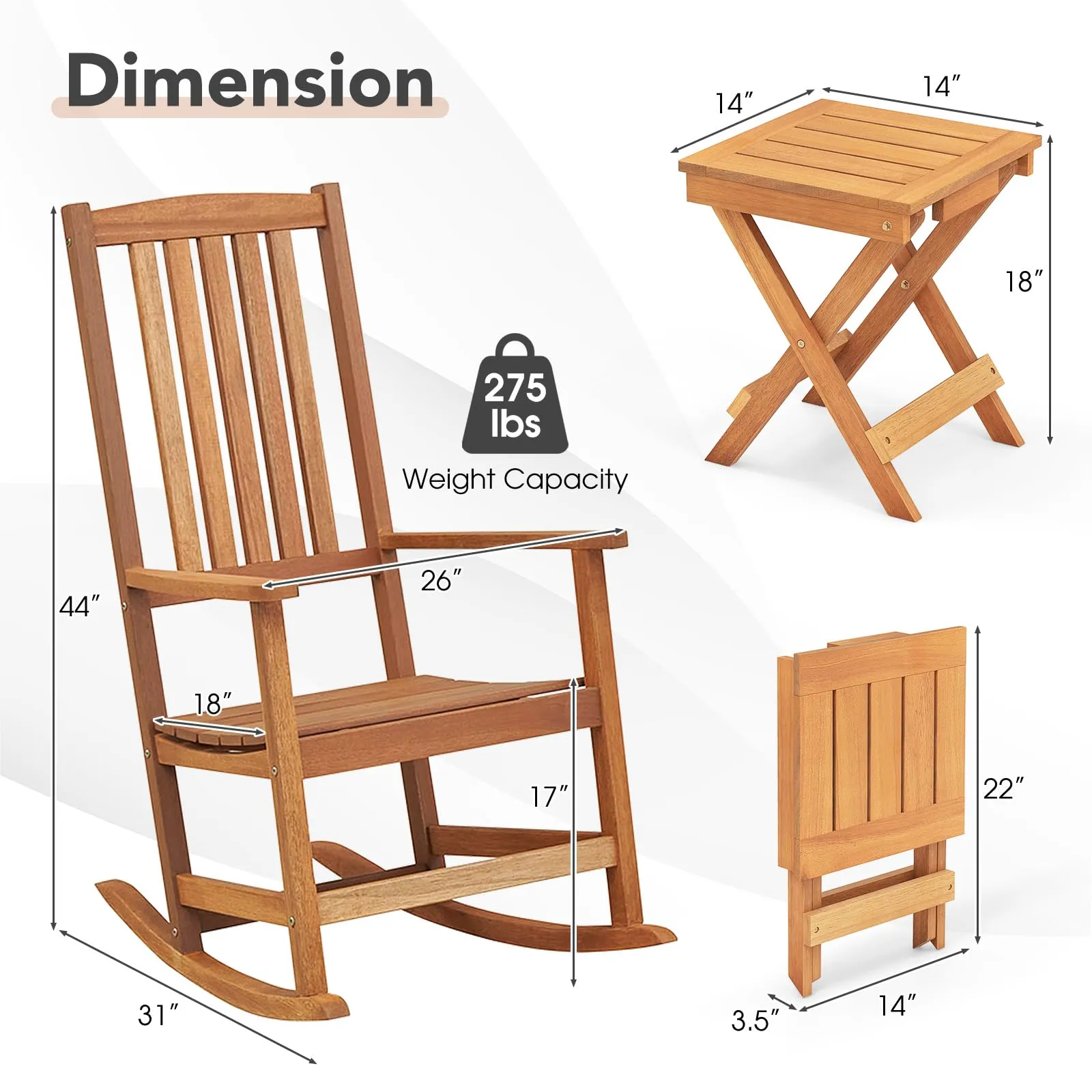 Tangkula Patio Wood Bistro Set, Outdoor 2pcs Rocking Chair & Folding Square Table Set with Slatted Seat & Tabletop