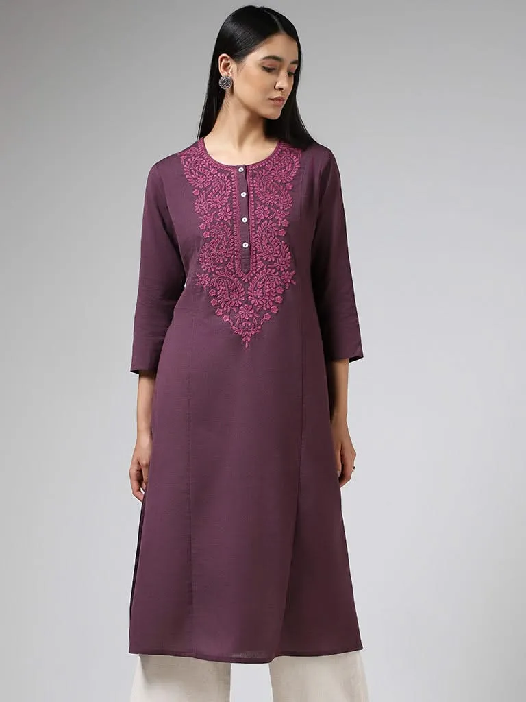 Utsa Dark Purple Paisley Floral Embroidered Cotton A-Line Kurta