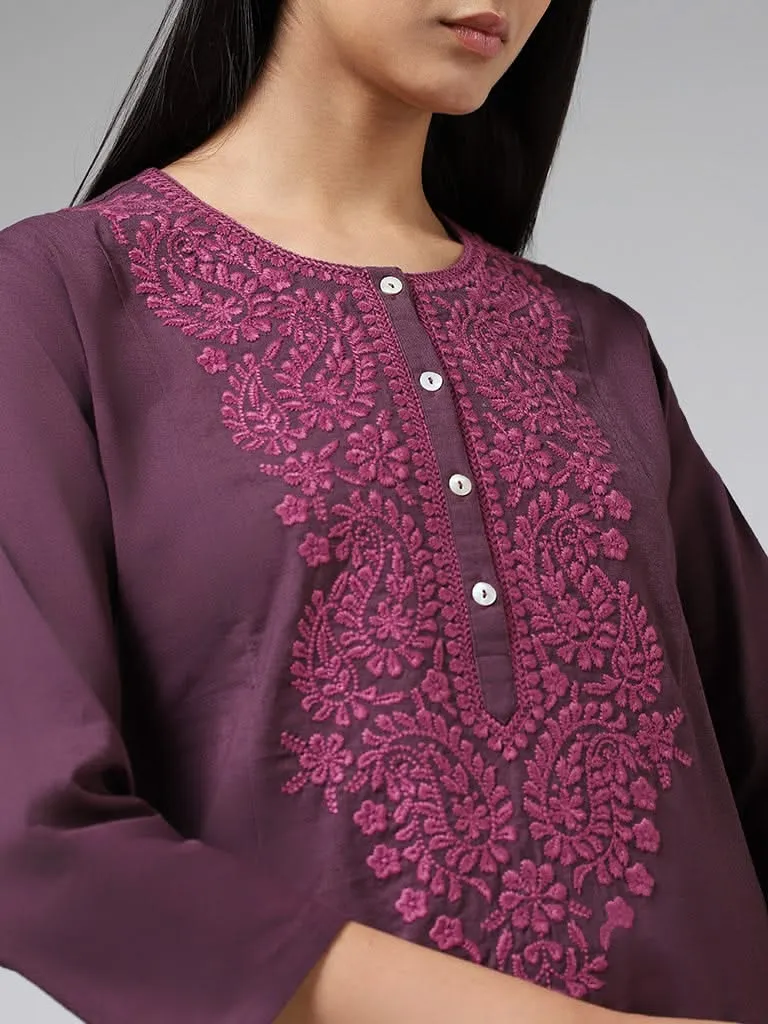 Utsa Dark Purple Paisley Floral Embroidered Cotton A-Line Kurta