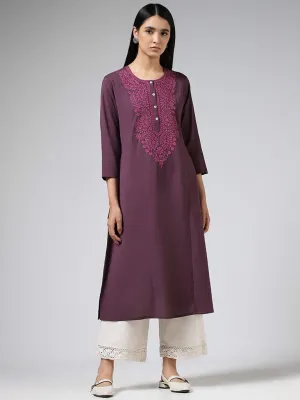 Utsa Dark Purple Paisley Floral Embroidered Cotton A-Line Kurta