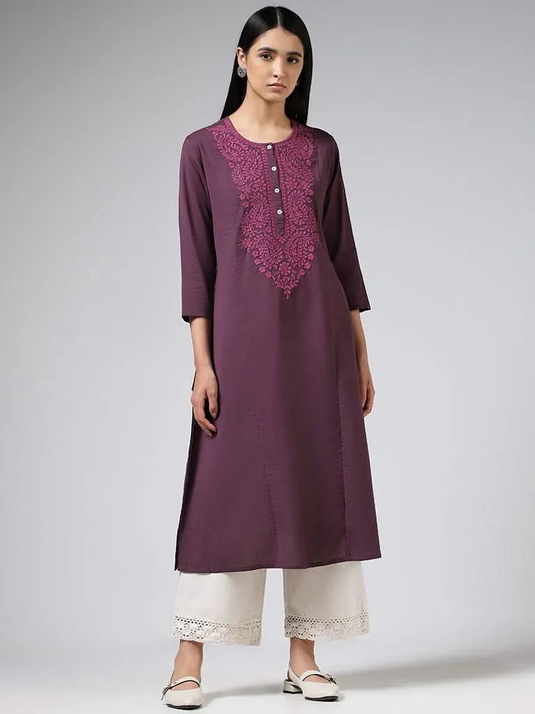 Utsa Dark Purple Paisley Floral Embroidered Cotton A-Line Kurta