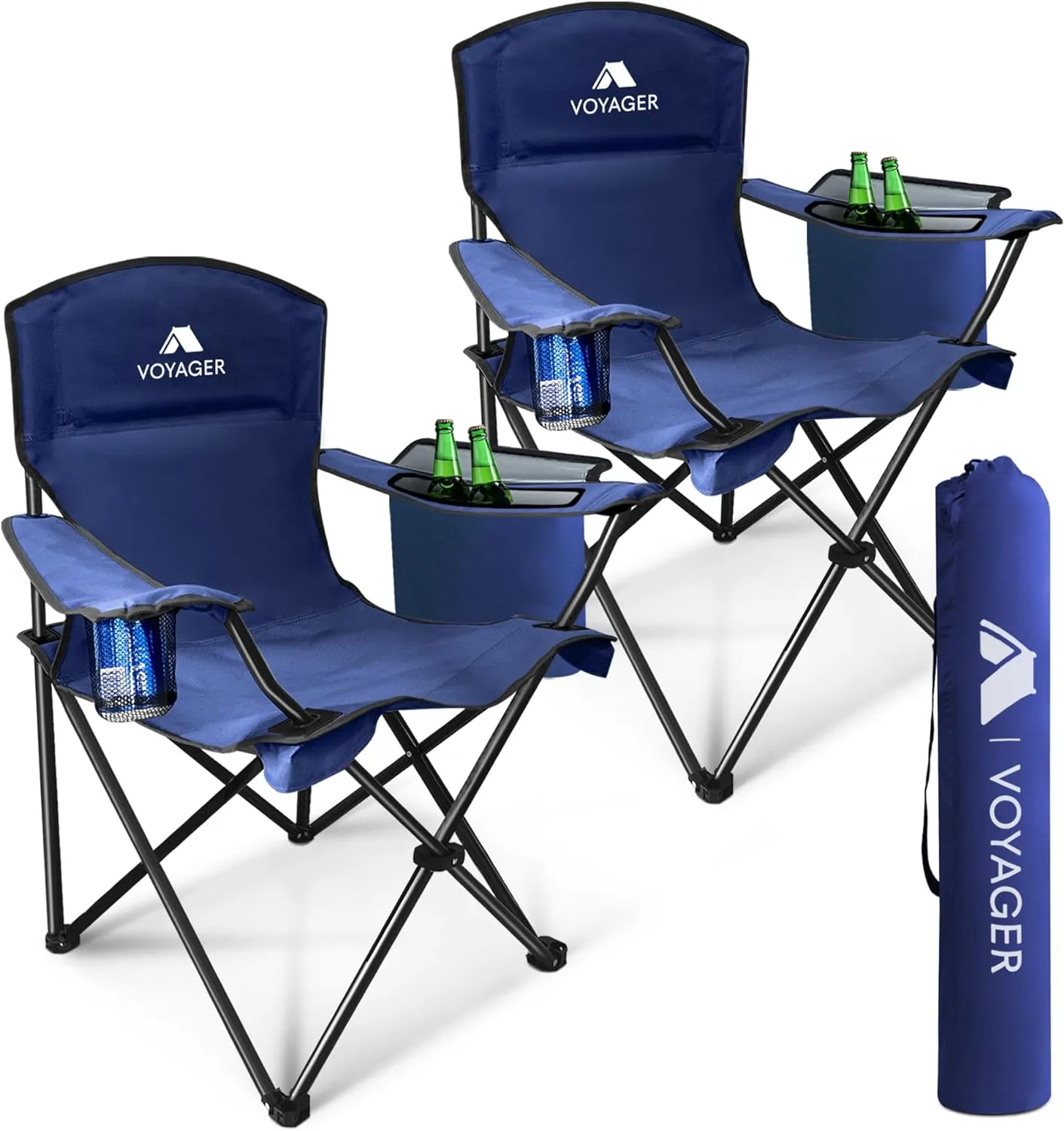 Voyager Folding Camping Chairs 2 Pack with Cooler Bag, Lightweight Q195 Steel Frame, 600D Oxford Fabric, Portable & Comfortable