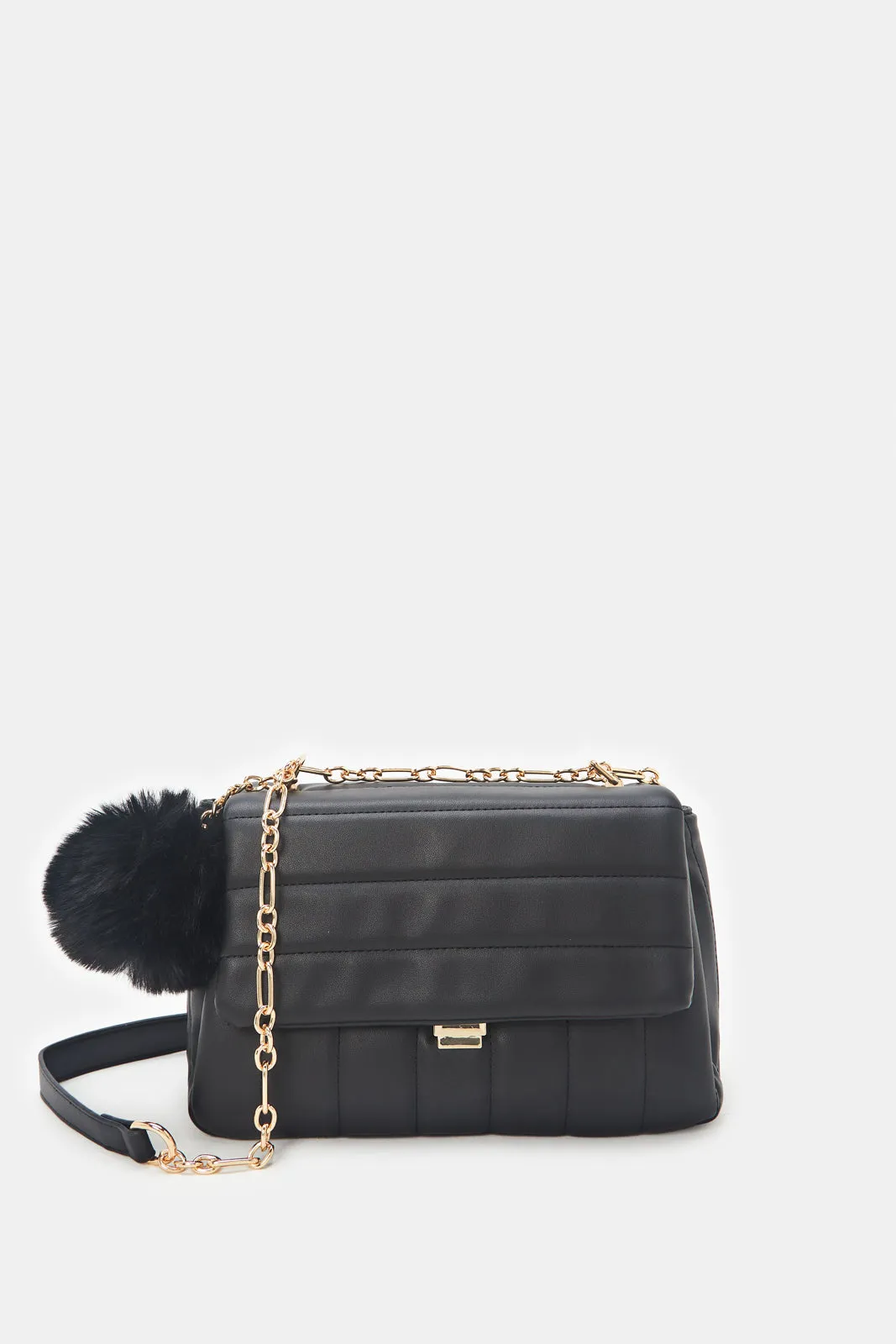 Women Black Cross Body Bag With Pom Pom