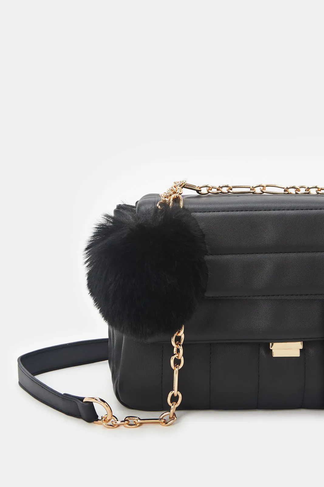 Women Black Cross Body Bag With Pom Pom