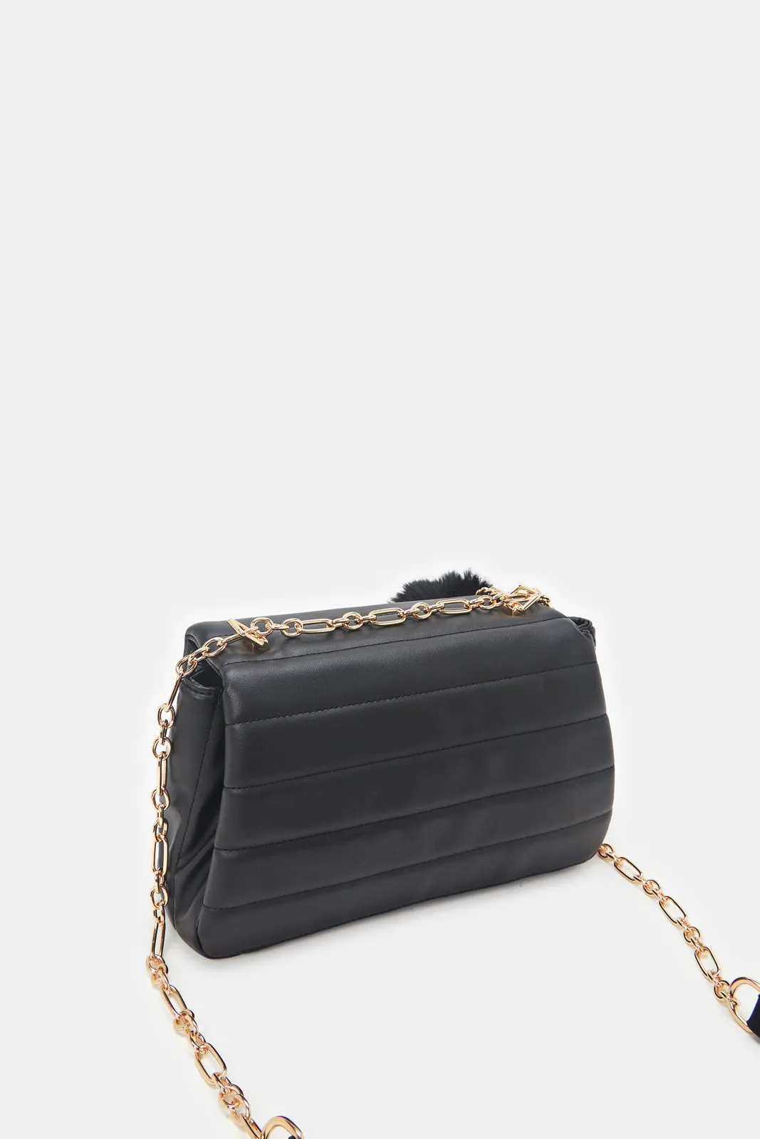 Women Black Cross Body Bag With Pom Pom