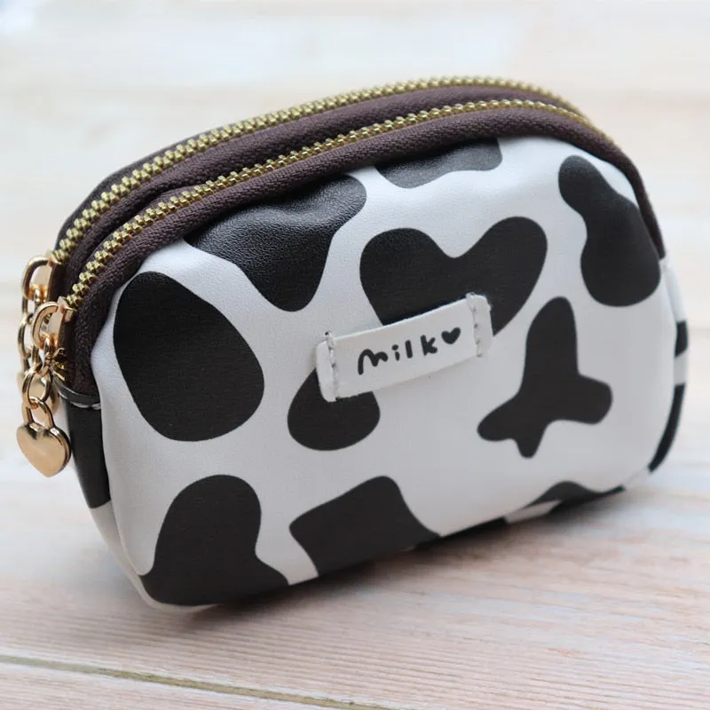 Women&#39;s Cute Wallet Cow Print PU Leather Business Card Holder Female Girl&#39;s Coin Purse Pouch Women Tri-fold Cartoon Short Wallet