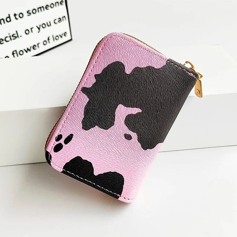 Women&#39;s Cute Wallet Cow Print PU Leather Business Card Holder Female Girl&#39;s Coin Purse Pouch Women Tri-fold Cartoon Short Wallet