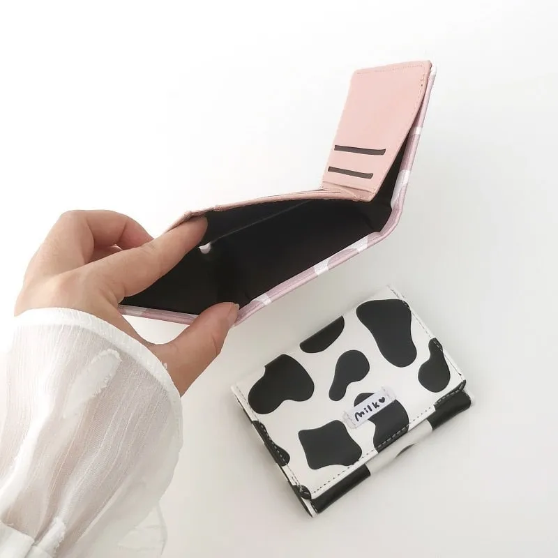 Women&#39;s Cute Wallet Cow Print PU Leather Business Card Holder Female Girl&#39;s Coin Purse Pouch Women Tri-fold Cartoon Short Wallet