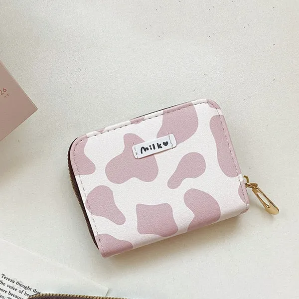 Women&#39;s Cute Wallet Cow Print PU Leather Business Card Holder Female Girl&#39;s Coin Purse Pouch Women Tri-fold Cartoon Short Wallet