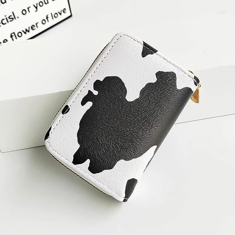 Women&#39;s Cute Wallet Cow Print PU Leather Business Card Holder Female Girl&#39;s Coin Purse Pouch Women Tri-fold Cartoon Short Wallet