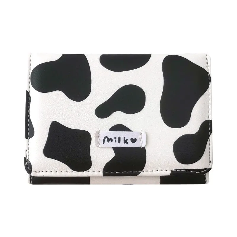 Women&#39;s Cute Wallet Cow Print PU Leather Business Card Holder Female Girl&#39;s Coin Purse Pouch Women Tri-fold Cartoon Short Wallet