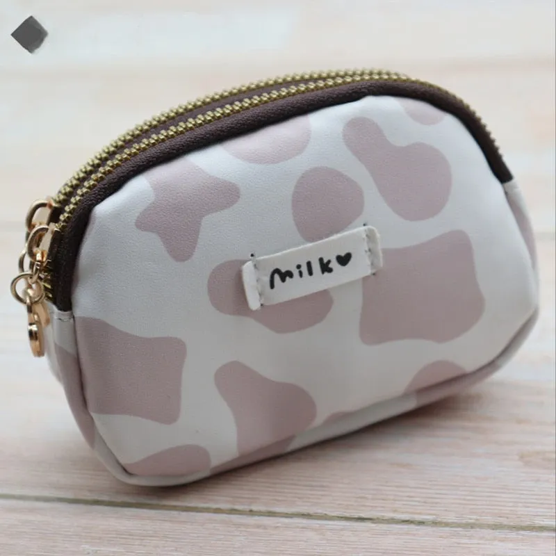 Women&#39;s Cute Wallet Cow Print PU Leather Business Card Holder Female Girl&#39;s Coin Purse Pouch Women Tri-fold Cartoon Short Wallet