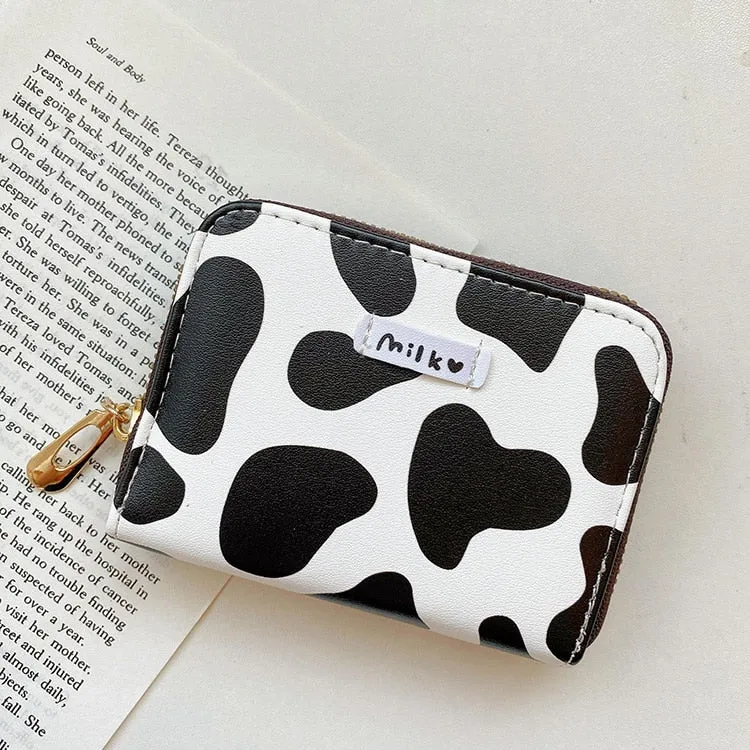 Women&#39;s Cute Wallet Cow Print PU Leather Business Card Holder Female Girl&#39;s Coin Purse Pouch Women Tri-fold Cartoon Short Wallet