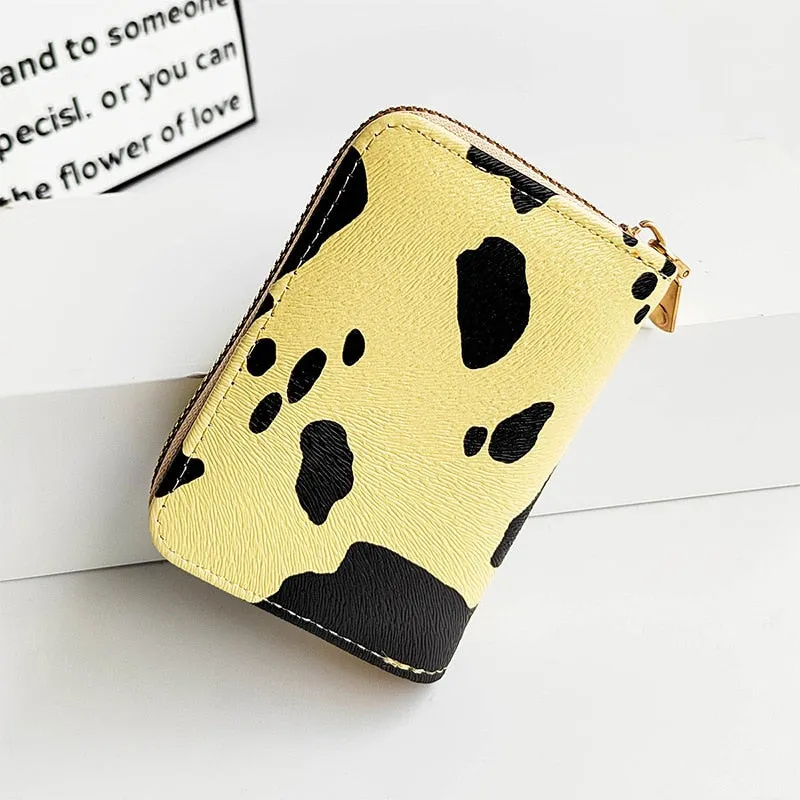 Women&#39;s Cute Wallet Cow Print PU Leather Business Card Holder Female Girl&#39;s Coin Purse Pouch Women Tri-fold Cartoon Short Wallet