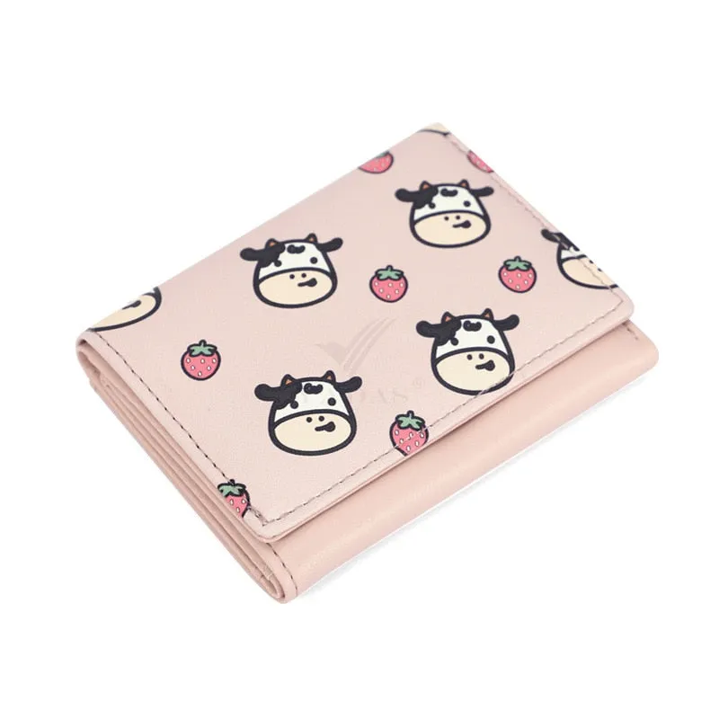 Women&#39;s Cute Wallet Cow Print PU Leather Business Card Holder Female Girl&#39;s Coin Purse Pouch Women Tri-fold Cartoon Short Wallet