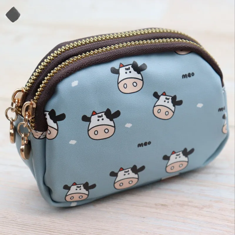 Women&#39;s Cute Wallet Cow Print PU Leather Business Card Holder Female Girl&#39;s Coin Purse Pouch Women Tri-fold Cartoon Short Wallet