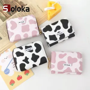 Women&#39;s Cute Wallet Cow Print PU Leather Business Card Holder Female Girl&#39;s Coin Purse Pouch Women Tri-fold Cartoon Short Wallet