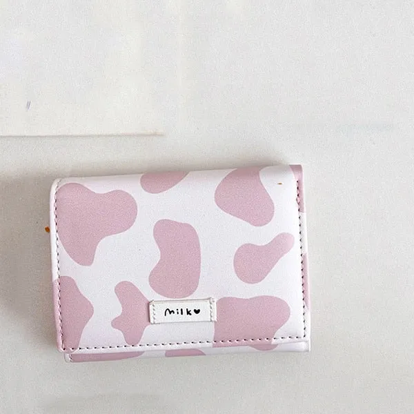 Women&#39;s Cute Wallet Cow Print PU Leather Business Card Holder Female Girl&#39;s Coin Purse Pouch Women Tri-fold Cartoon Short Wallet