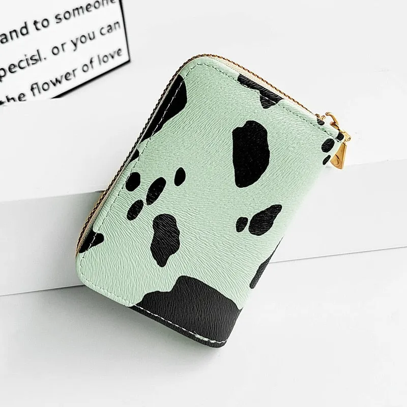 Women&#39;s Cute Wallet Cow Print PU Leather Business Card Holder Female Girl&#39;s Coin Purse Pouch Women Tri-fold Cartoon Short Wallet