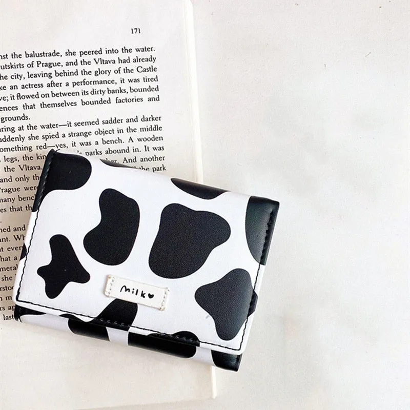 Women&#39;s Cute Wallet Cow Print PU Leather Business Card Holder Female Girl&#39;s Coin Purse Pouch Women Tri-fold Cartoon Short Wallet