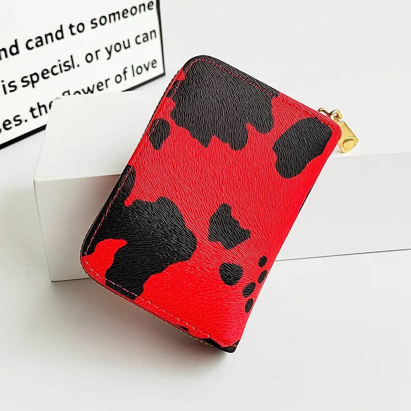 Women&#39;s Cute Wallet Cow Print PU Leather Business Card Holder Female Girl&#39;s Coin Purse Pouch Women Tri-fold Cartoon Short Wallet