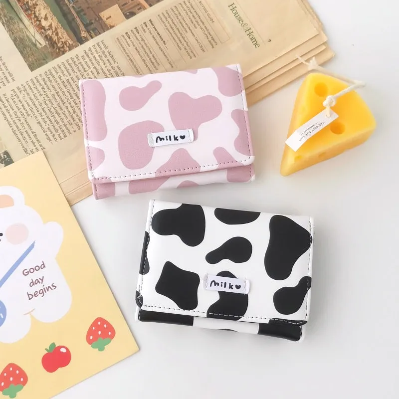 Women&#39;s Cute Wallet Cow Print PU Leather Business Card Holder Female Girl&#39;s Coin Purse Pouch Women Tri-fold Cartoon Short Wallet