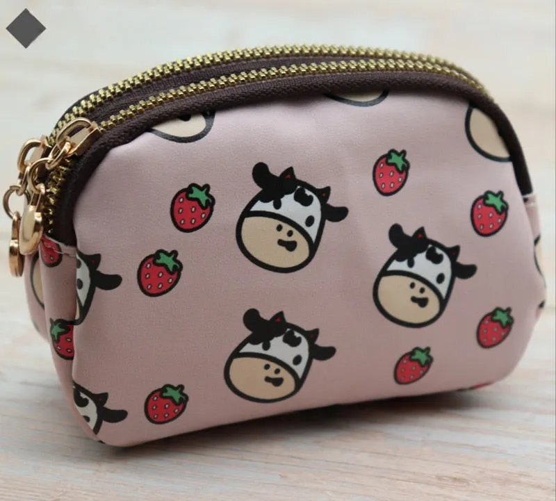 Women&#39;s Cute Wallet Cow Print PU Leather Business Card Holder Female Girl&#39;s Coin Purse Pouch Women Tri-fold Cartoon Short Wallet