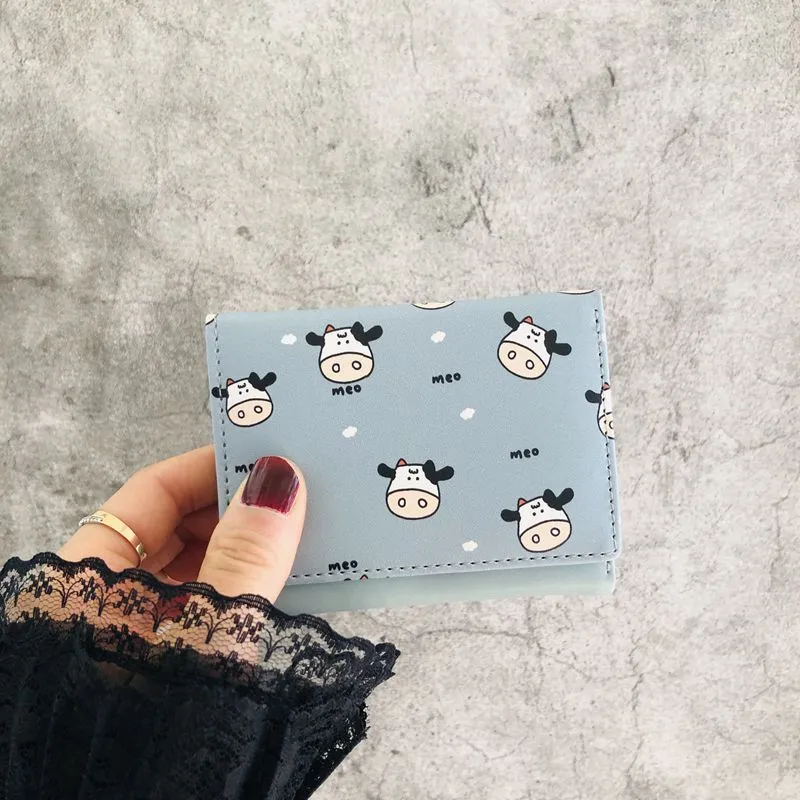 Women&#39;s Cute Wallet Cow Print PU Leather Business Card Holder Female Girl&#39;s Coin Purse Pouch Women Tri-fold Cartoon Short Wallet