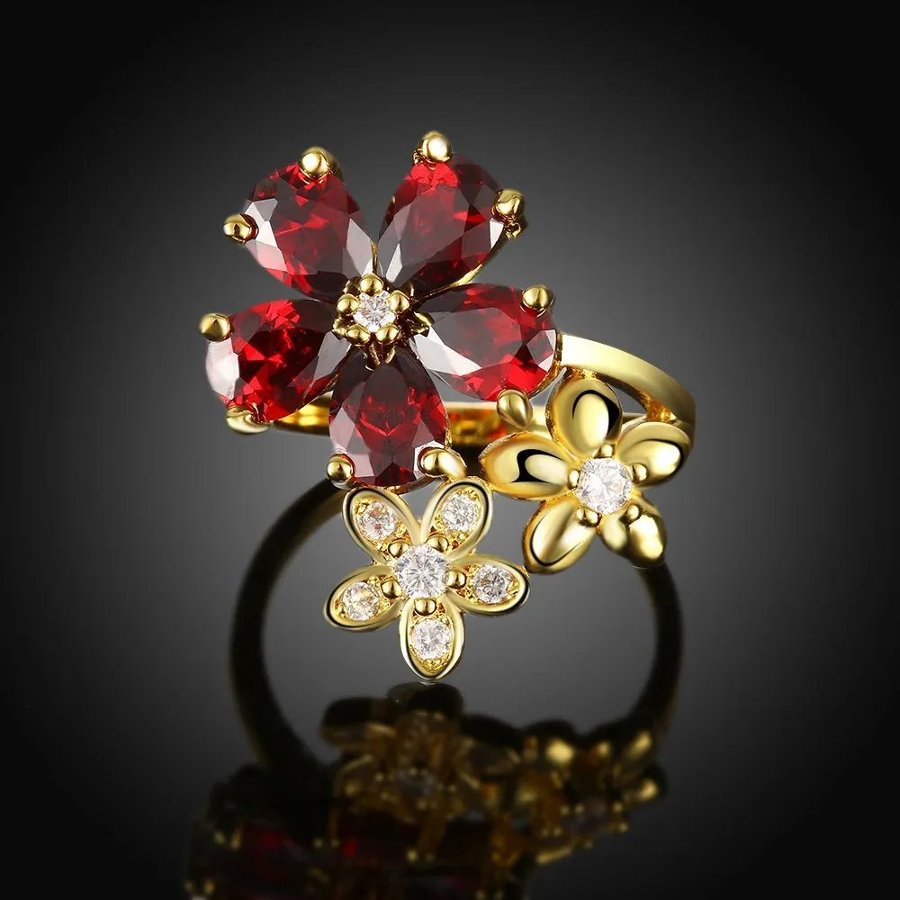 Yellow Chimes Rings for Women Floral Shaped Ring AAA Swiss Zircon Studded Gold Plated Red Adjustable Ring for Women and Girls.